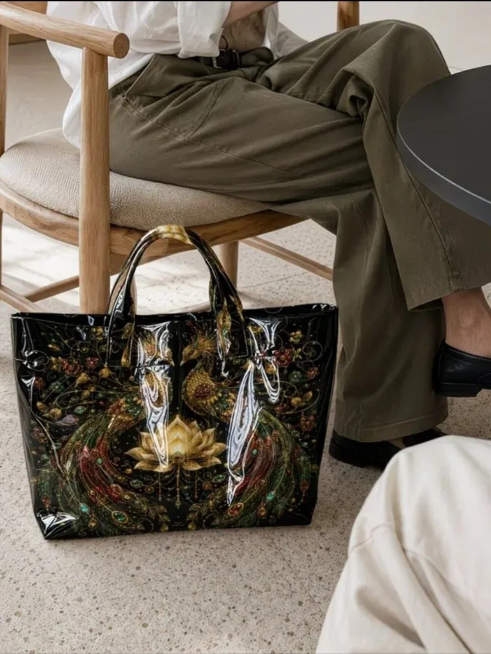 Beauiful Peacock Goolden Lotus Glossy Large PVC Daily Commute Tote Bag